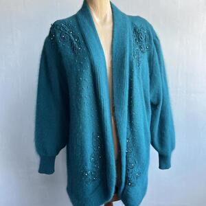 Vintage Eddie Jassin Large Angora Rabbit Hair Lambs Wool Blue Cardigan Sweater